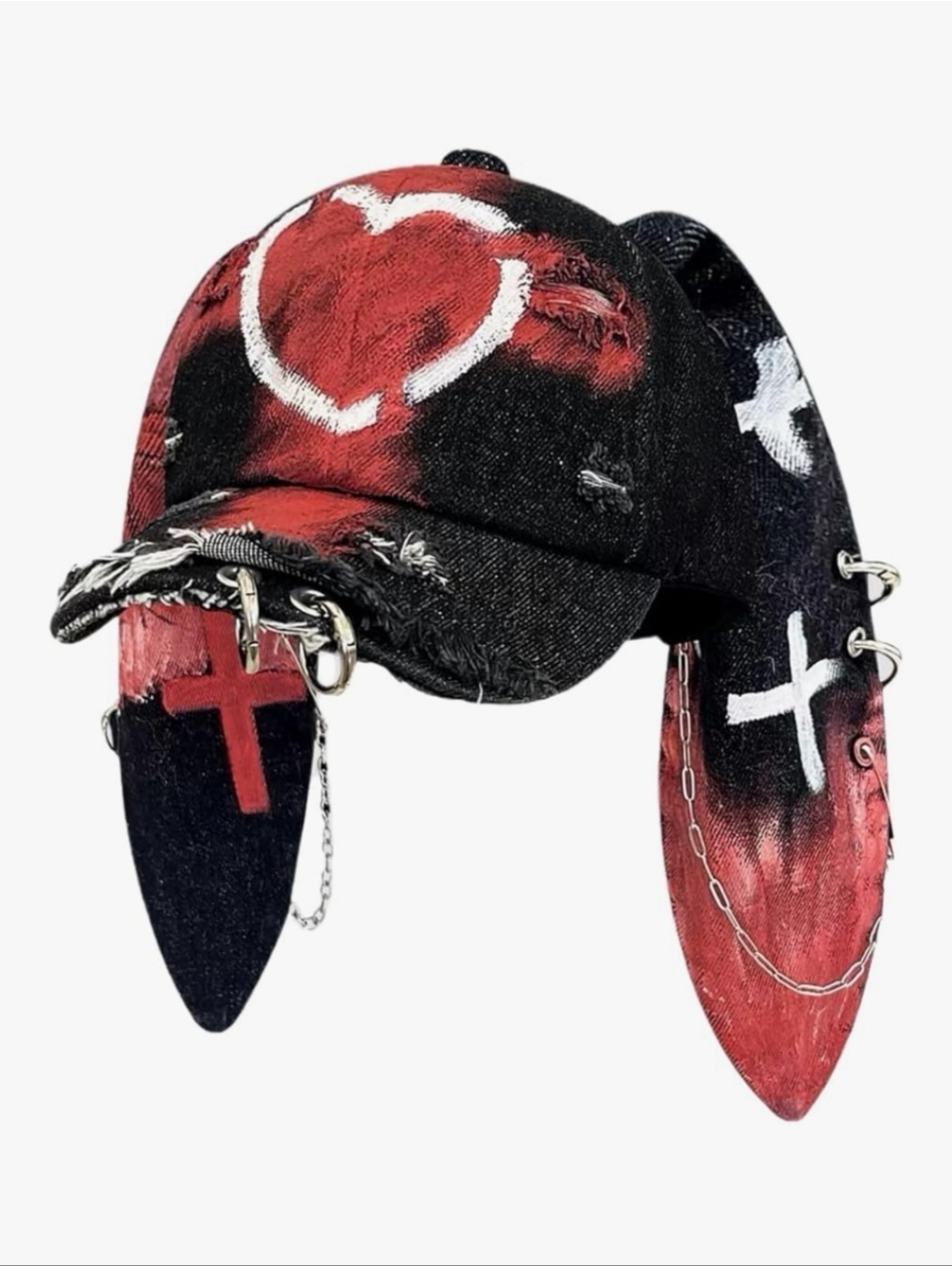 Abrand Black & Red Distressed Denim Bunny Ear Hat with Chains